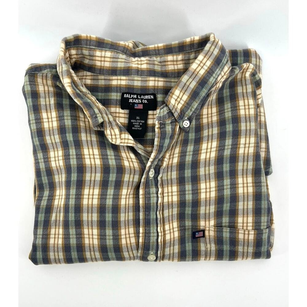 Vintage Ralph Lauren Jeans Co. Button Down Shirt Men's Size XL Green Tan